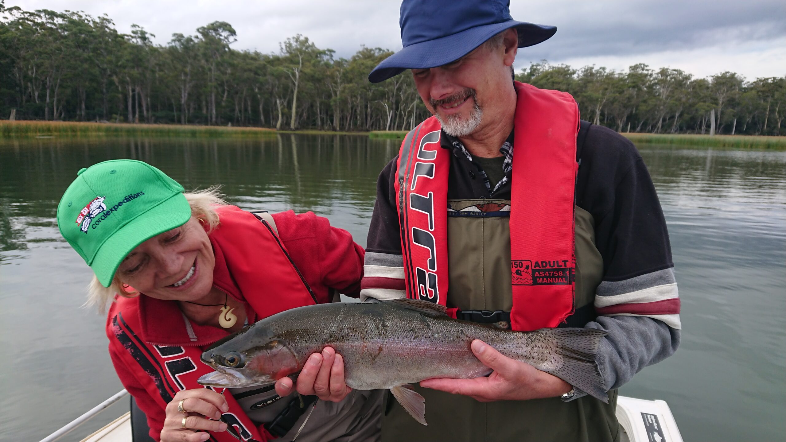 Mike and Bev with a rainbow trout caught at Lake Leake, Tasmania,