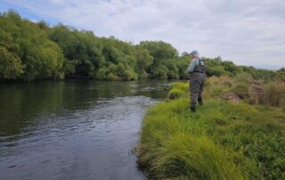 An angler standing on the green grassy banks o f a river