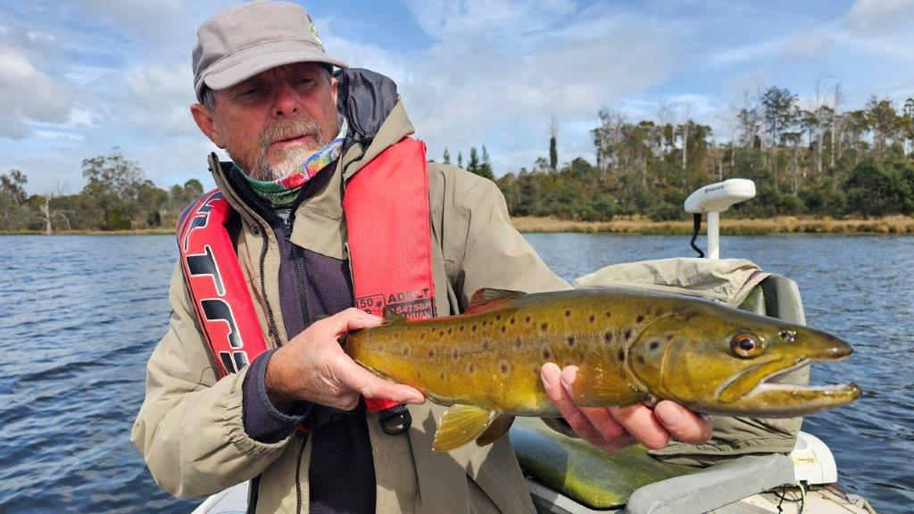 An angler holding a brown trout while sitting in a boat on a lake.